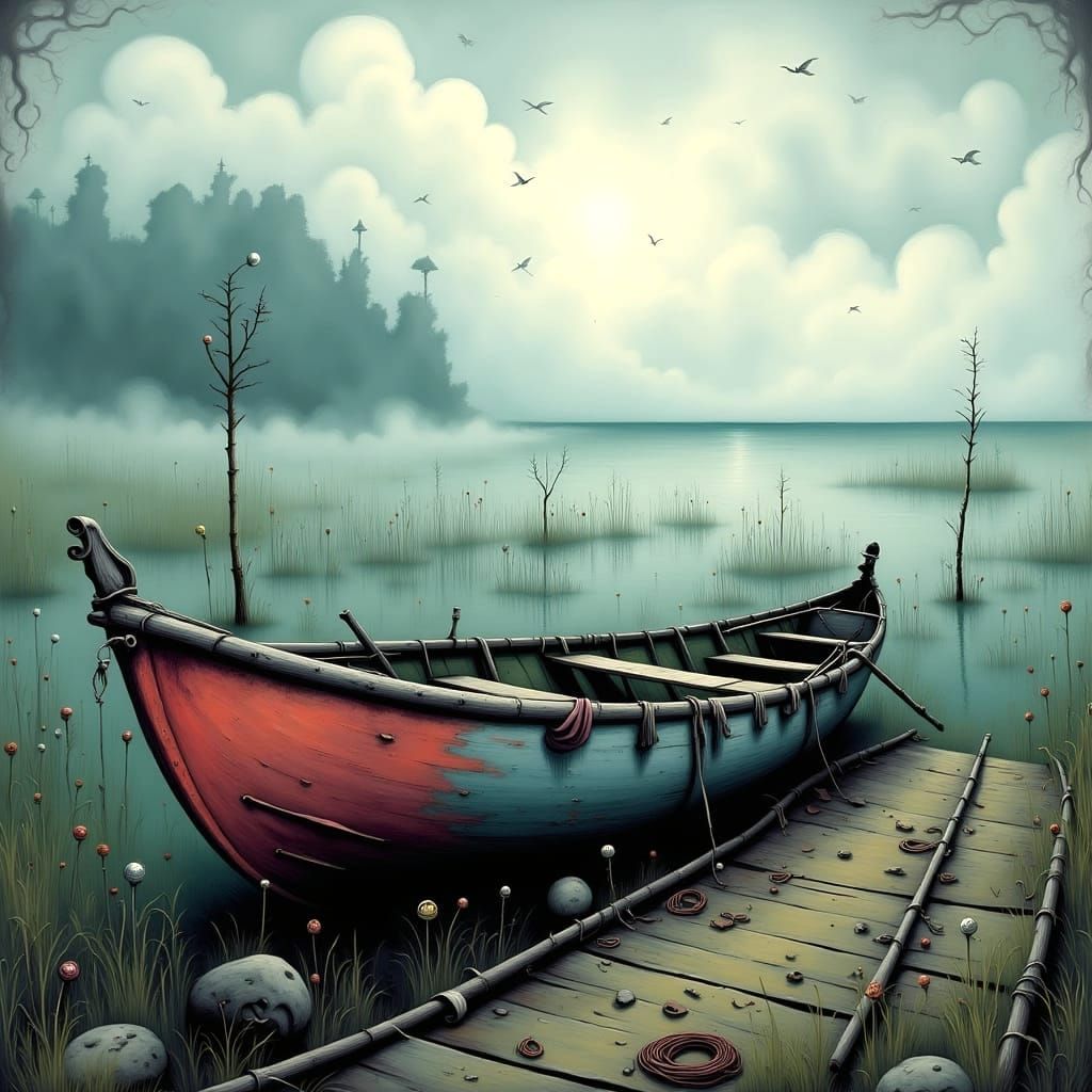 <lora:Dark-Whimsy:1.0> rotten boat