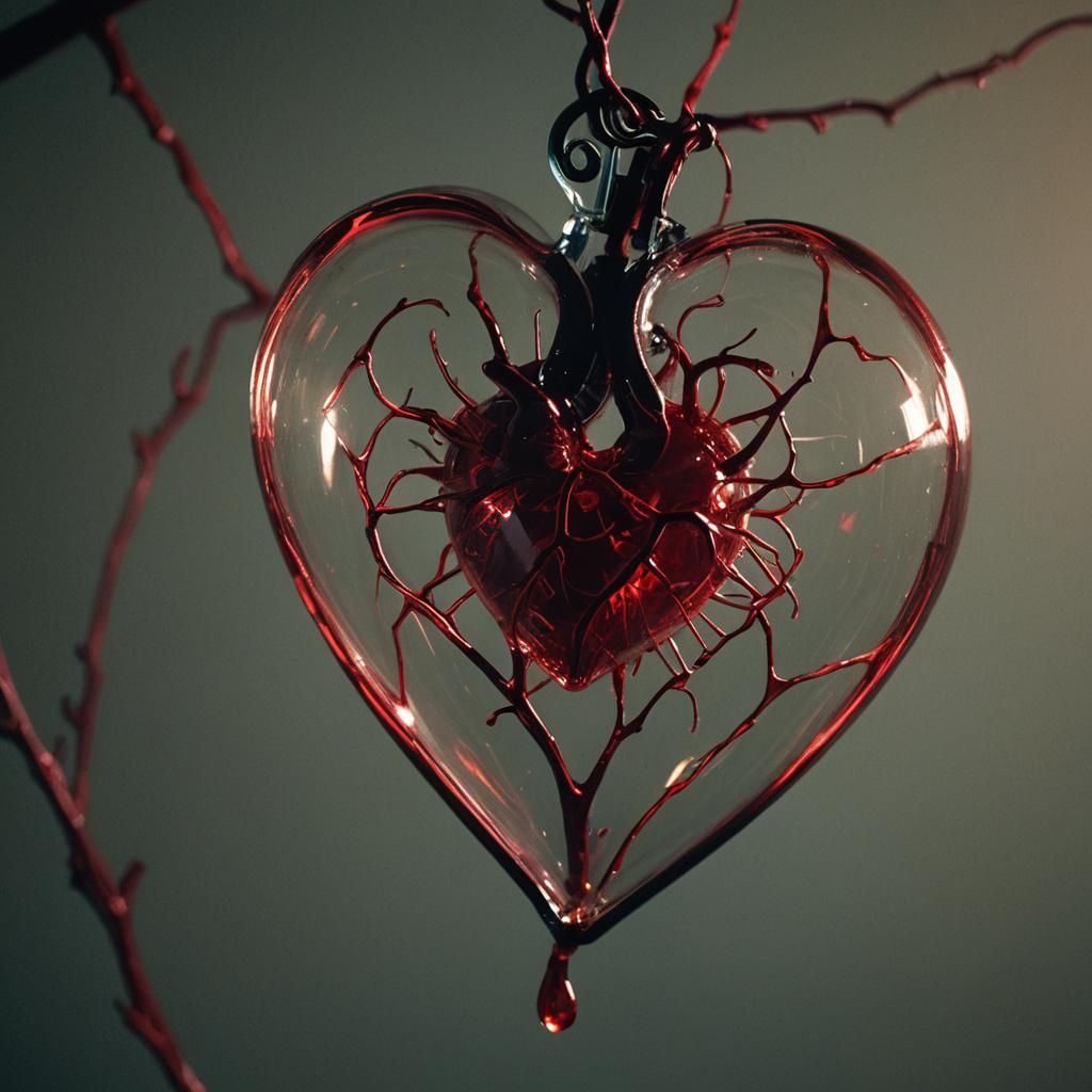 Glass Heart with Red Veins in Film Noir Style