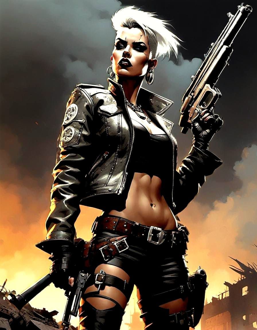 Tank Girl in Dystopian Ruins, Frazetta-Style Line Art