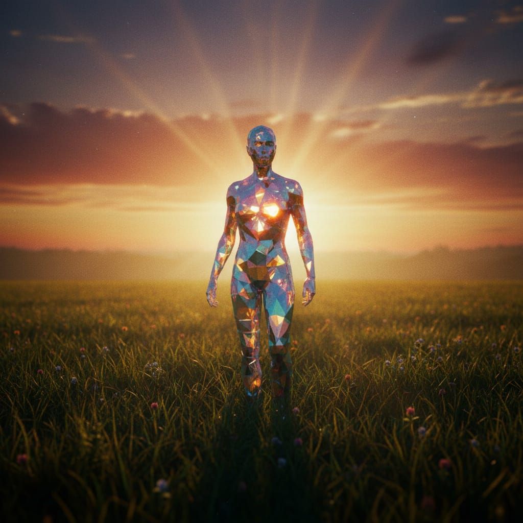 Prismatic Person Shimmers in Grassy Field
