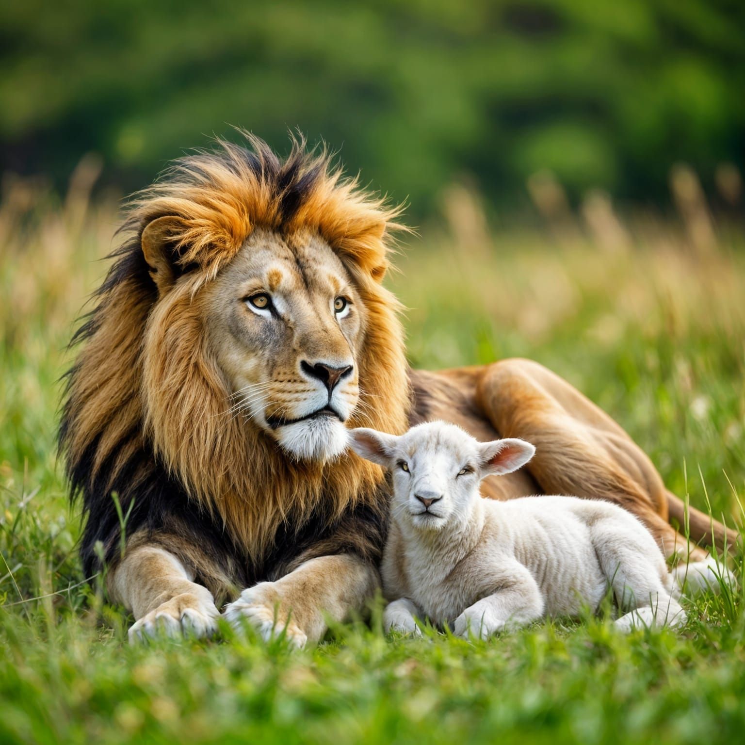 Lion and Lamb Lie Together in Meadow