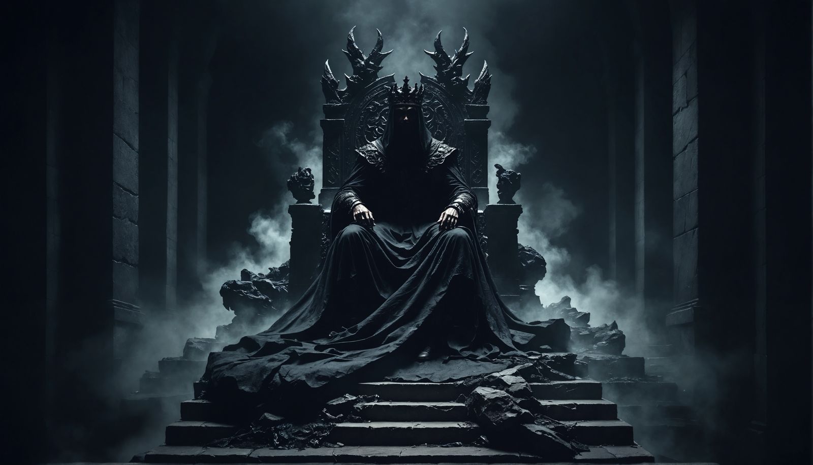 Menacing Figure on Stone Throne in Dark Atmosphere