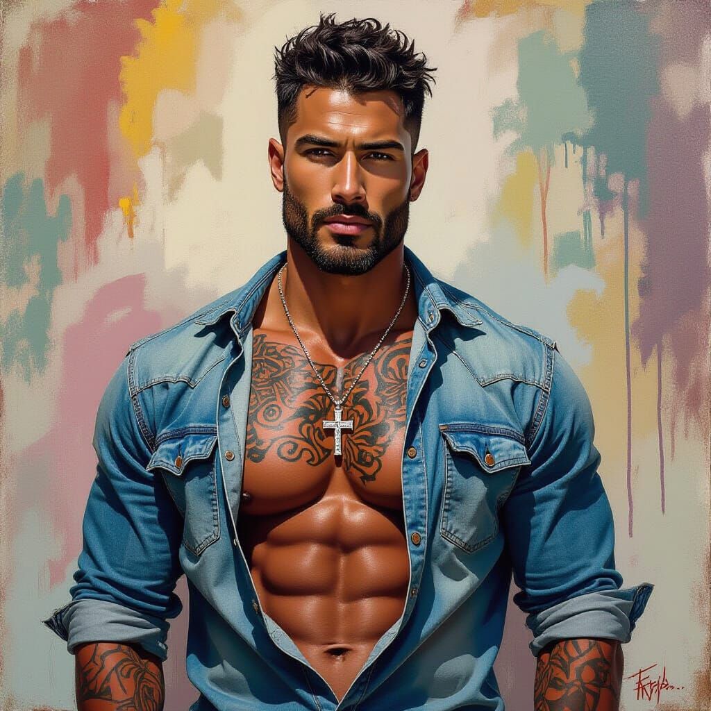 Tattooed Man Portrait in Basquiat-Wiley Style