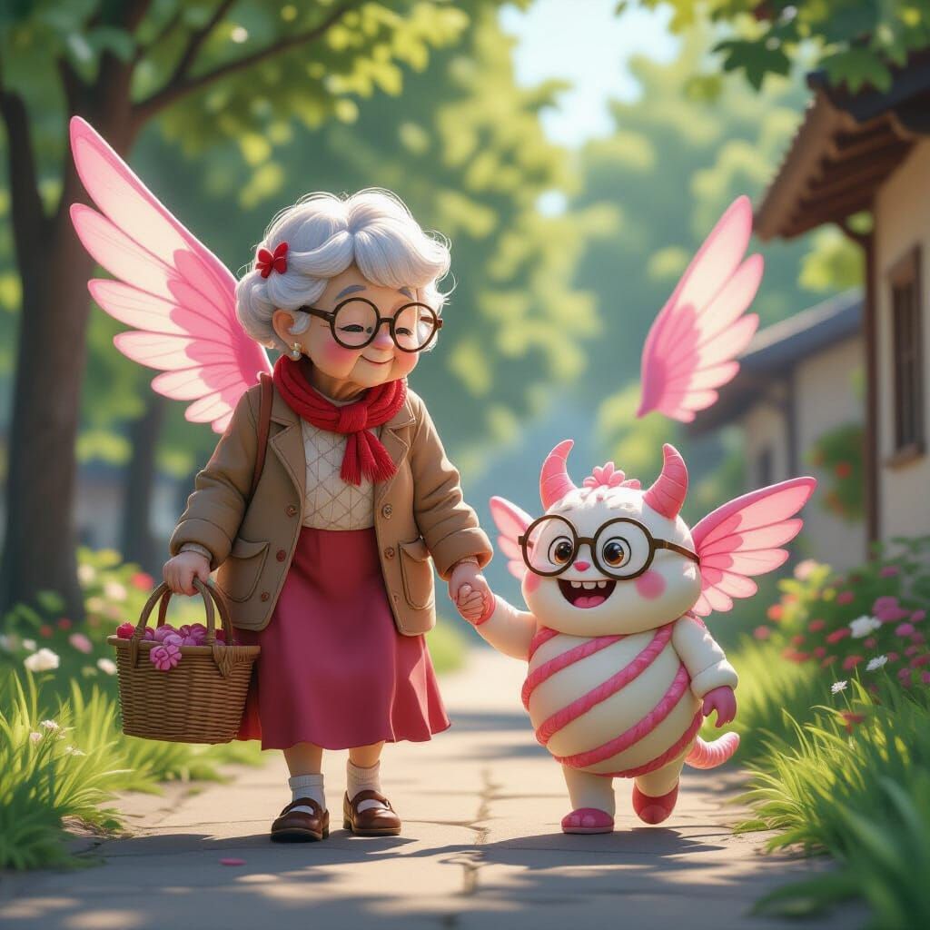 Elderly Woman Walks Candy Monster: 3D Anime Art