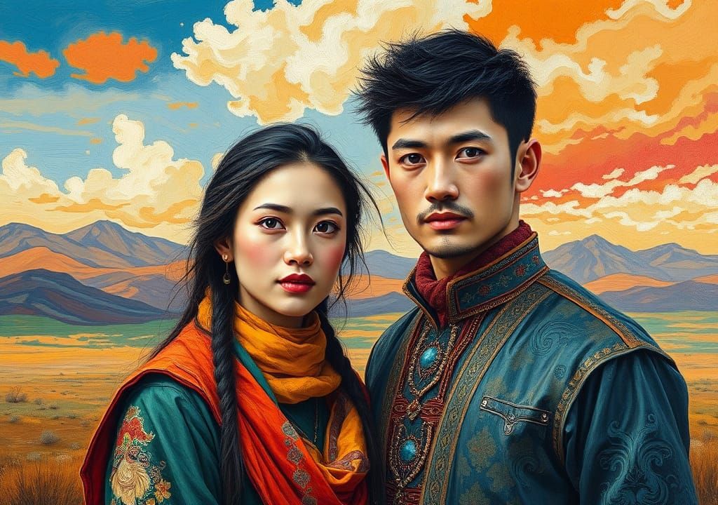 Mongolian Couple Portrait in Mixed Media Painting