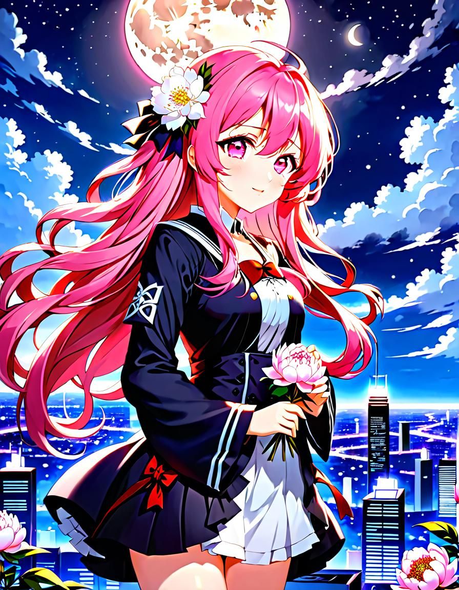 Anime Girl with Peonies under Moonlight, Cel-Shaded Style