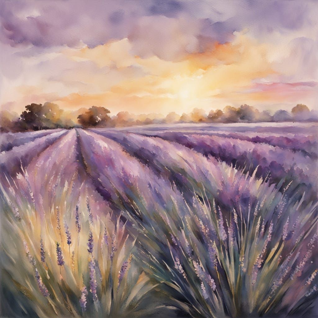 Whimsical Lavender Field in Watercolour Style