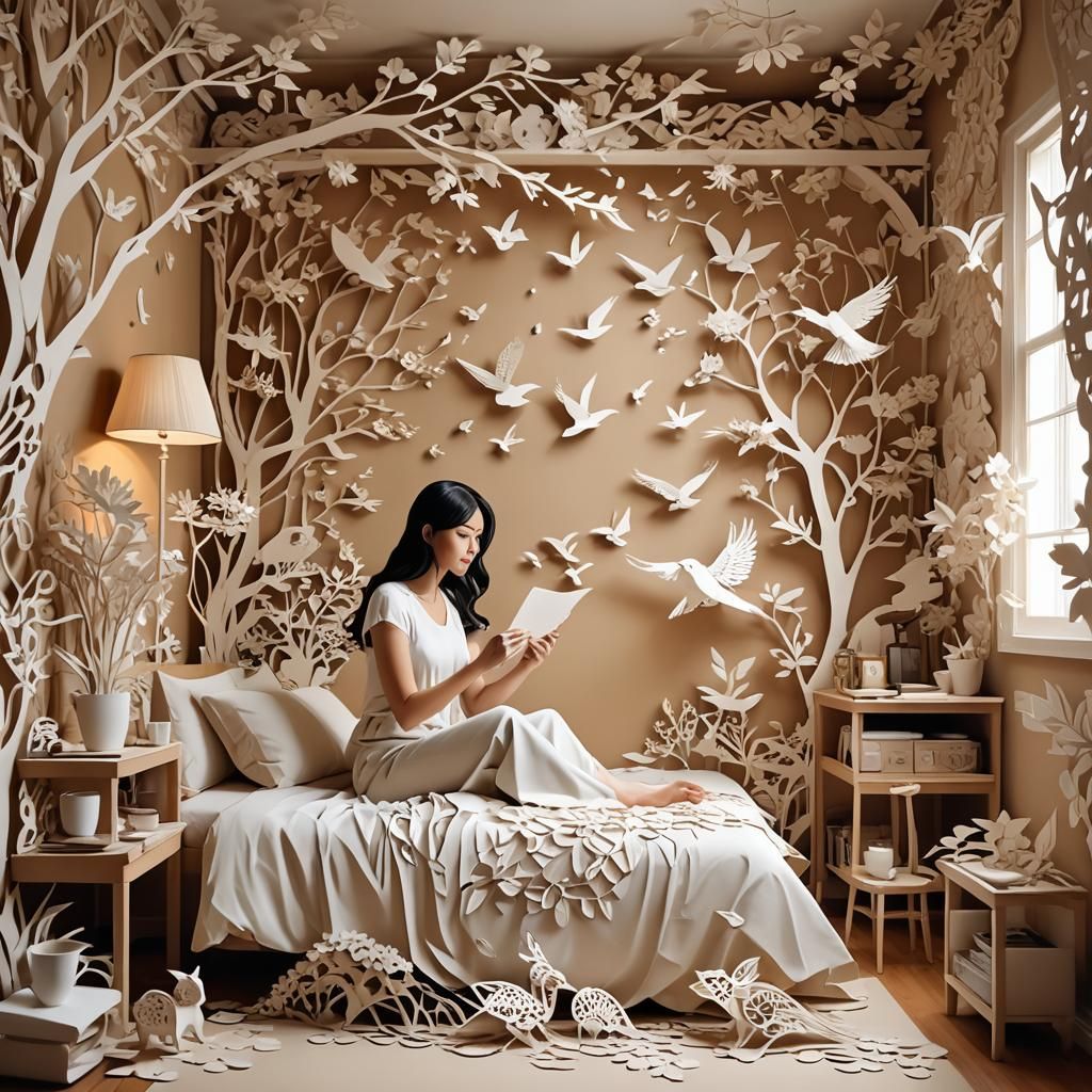 Surreal Kirigami Art Creation in Bedroom