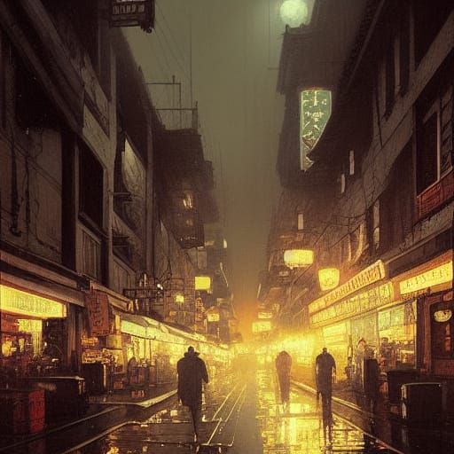 Sinister Chinatown Nightscape in Painterly Style