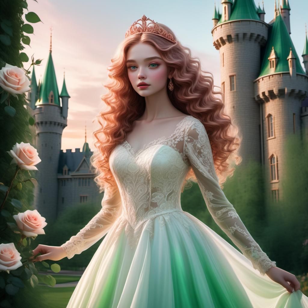 Princess with Rose Gold Curls in Park at Twilight