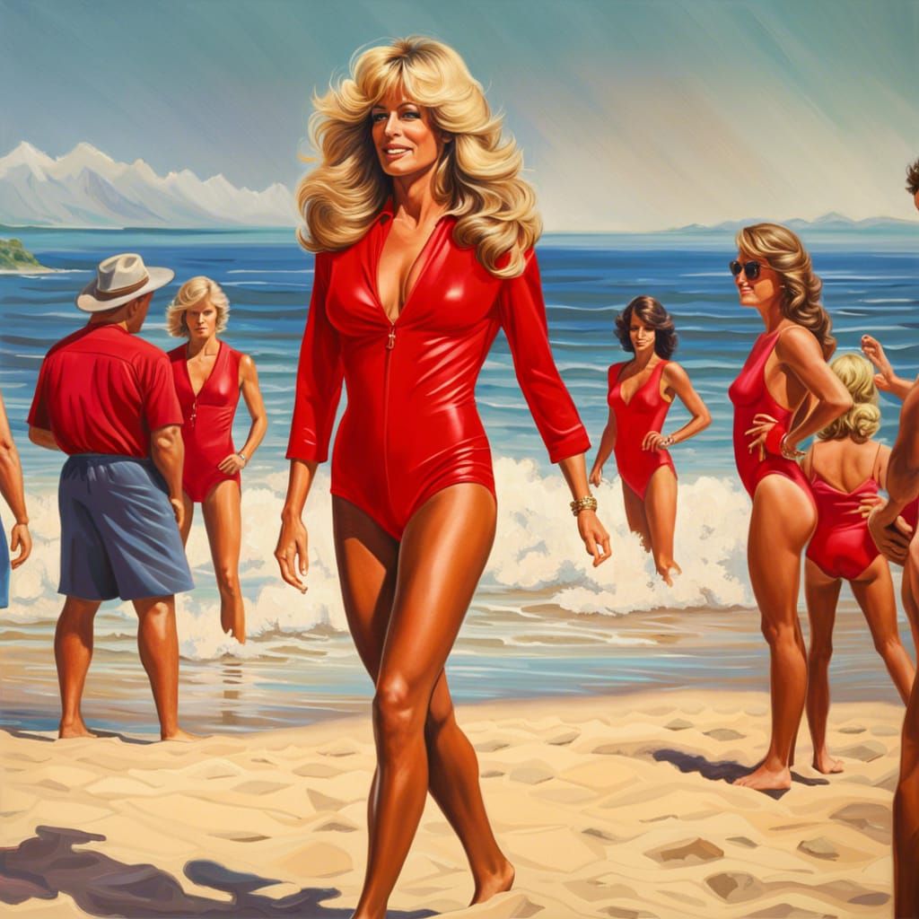 Farrah Fawcett in Red Swimsuit: Oil Painting