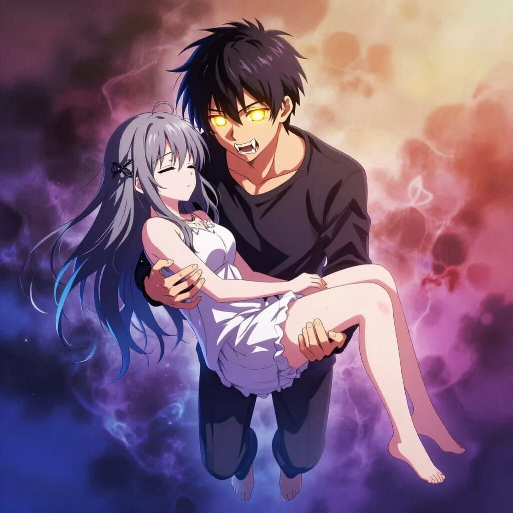 Anime Boy with Gold Eyes Carries Unconscious Girl