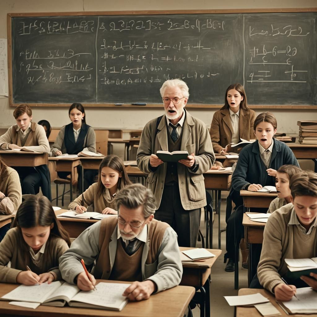 Old Teacher Teaching Math in Worn Classroom