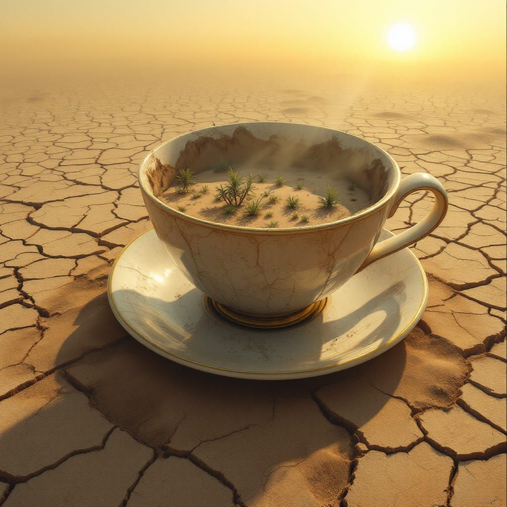 Giant Teacup in Cracked Desert Landscape
