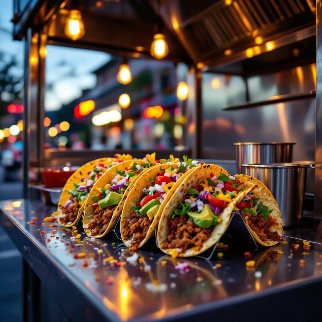 Hyperrealistic Spicy Tacos on a Food Truck
