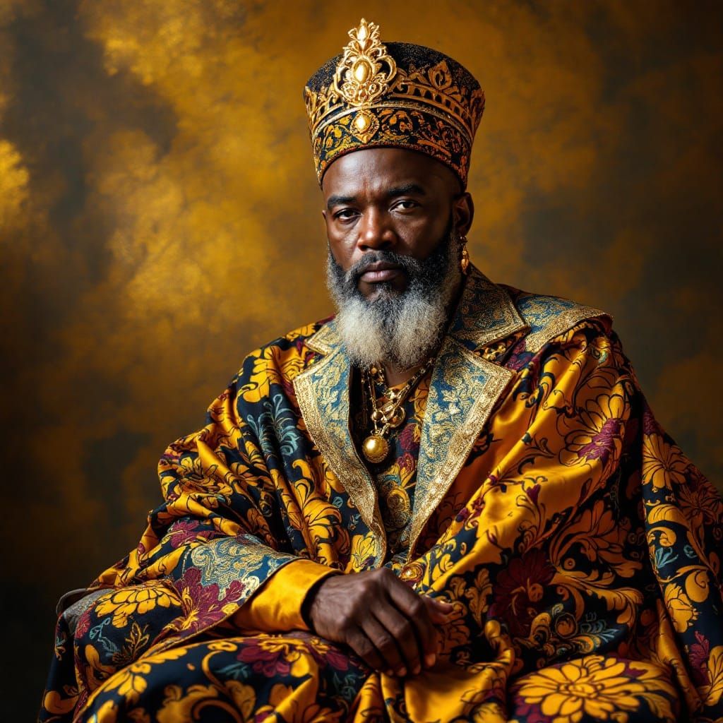 Majestic Afrocentric Figure Adorned with Vibrant Textiles an...