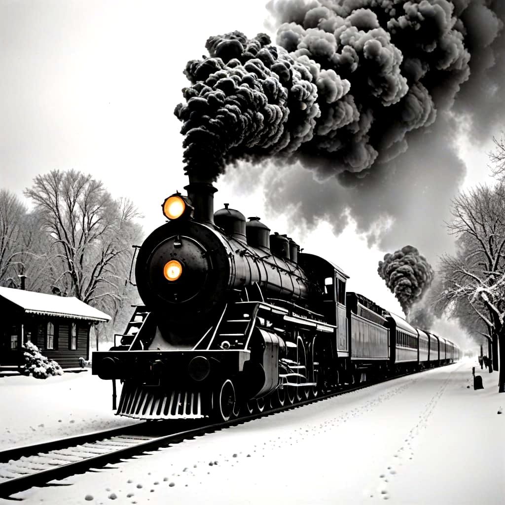 Vintage Steam Train at Snowy Station in 1887