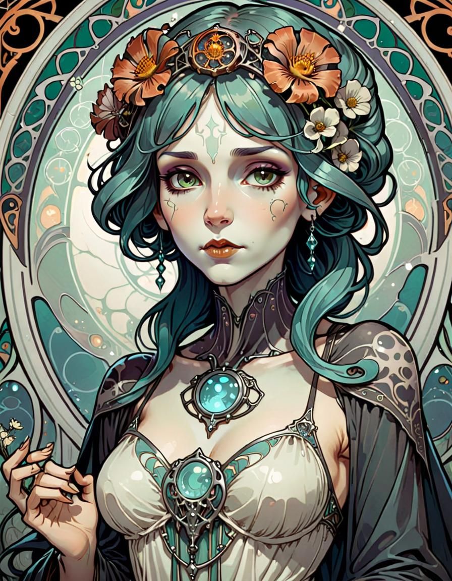 Female Necromancer in Art Nouveau Style