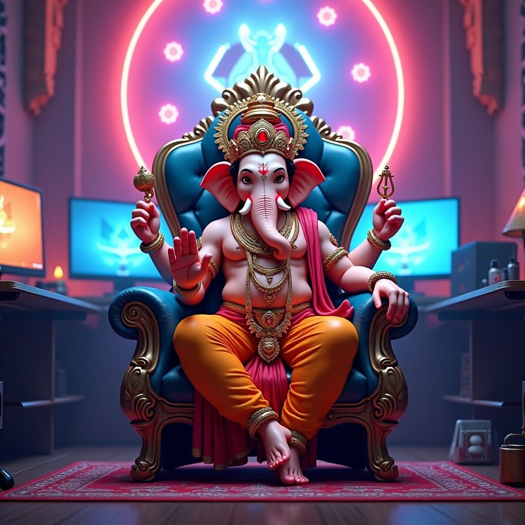 Ganesh Ji in a Neon-Lit Fantasy Gaming Scenario