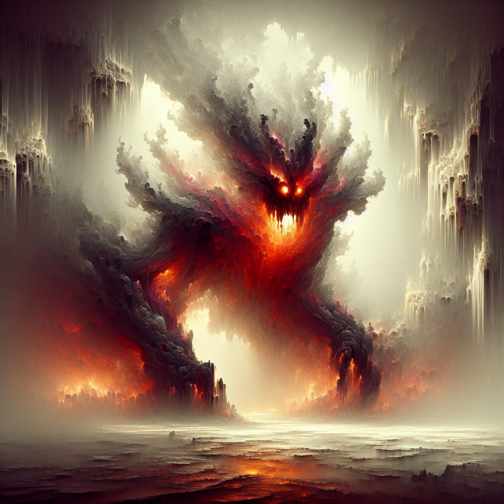 Fiery Balrog Emerges from Misty Cave