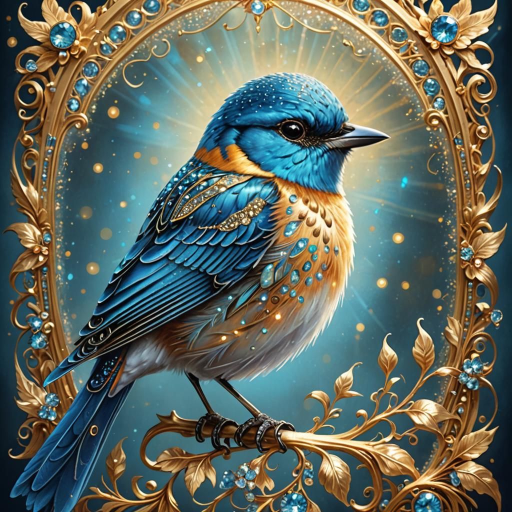 Sparkling Blue Bird Portrait with Golden Filigree
