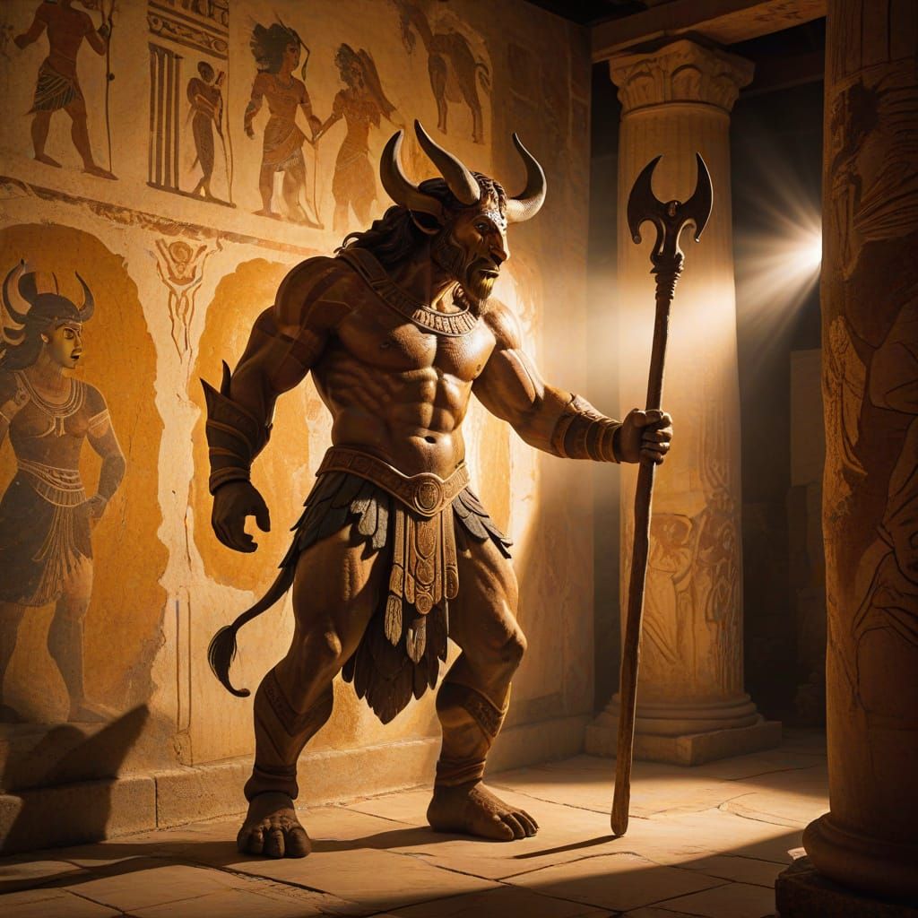 Giant Minotaur in Ancient Greek Temple Setting