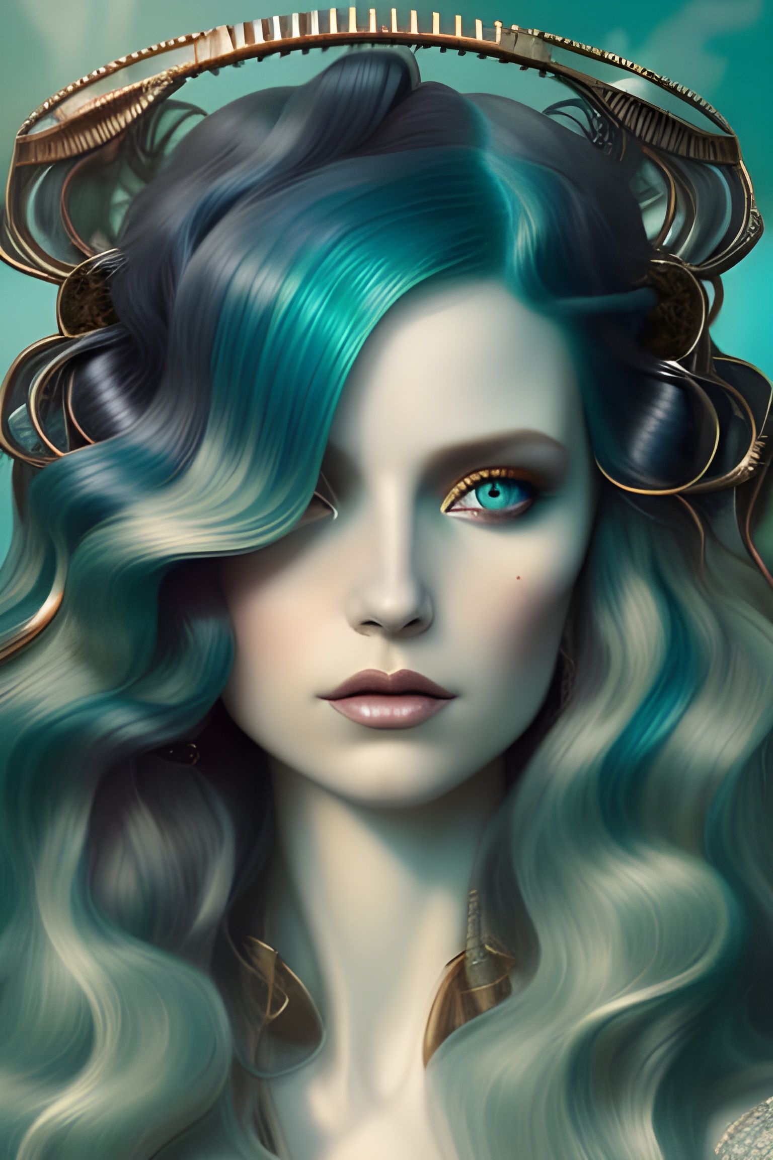 Goddess with Teal Hair in Copper Sunlight