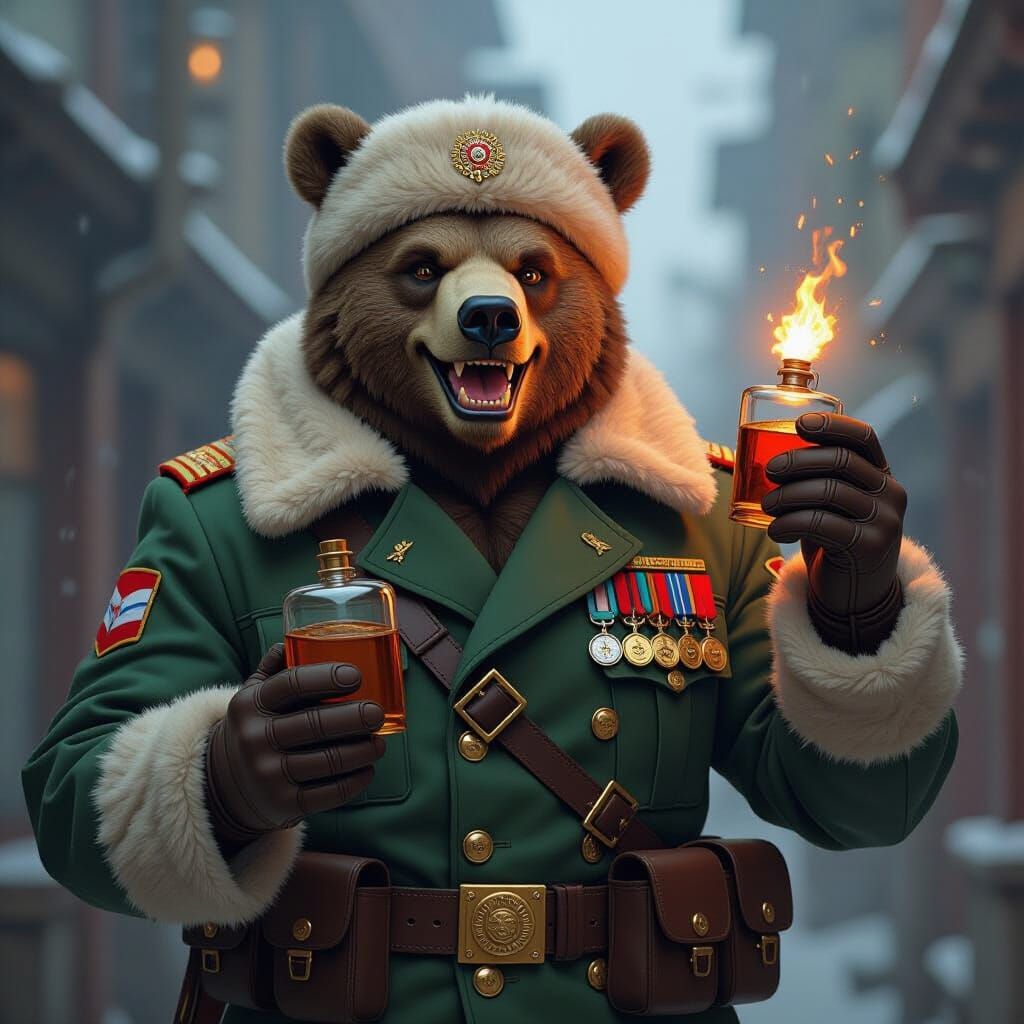 Bear-Man Hybrid in Military Uniform, Steampunk Style