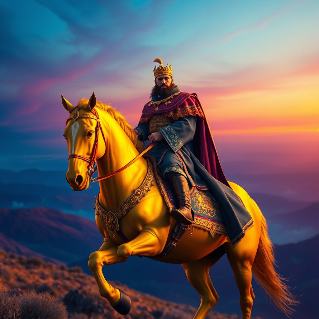 Golden Horse Rider in Dreamlike Landscape