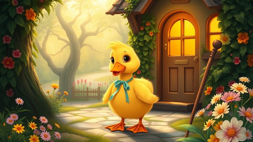 Surreal Whimsy: Daisy the Duck in Cozy Cottage Scene