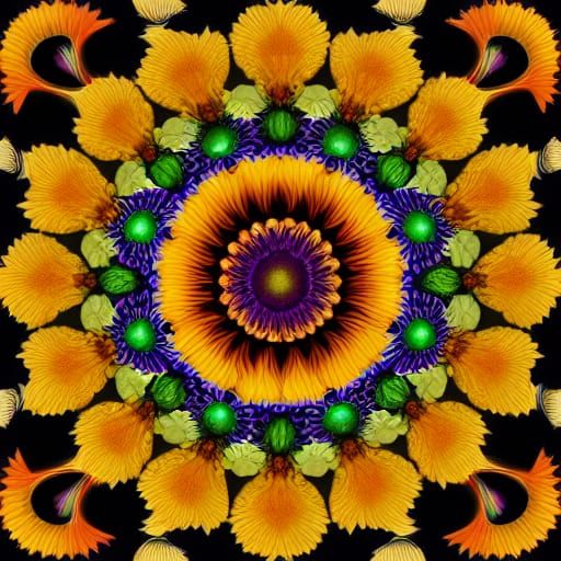 Mesmerizing Sunflower and Poppy Mandala with Fractal Spirals