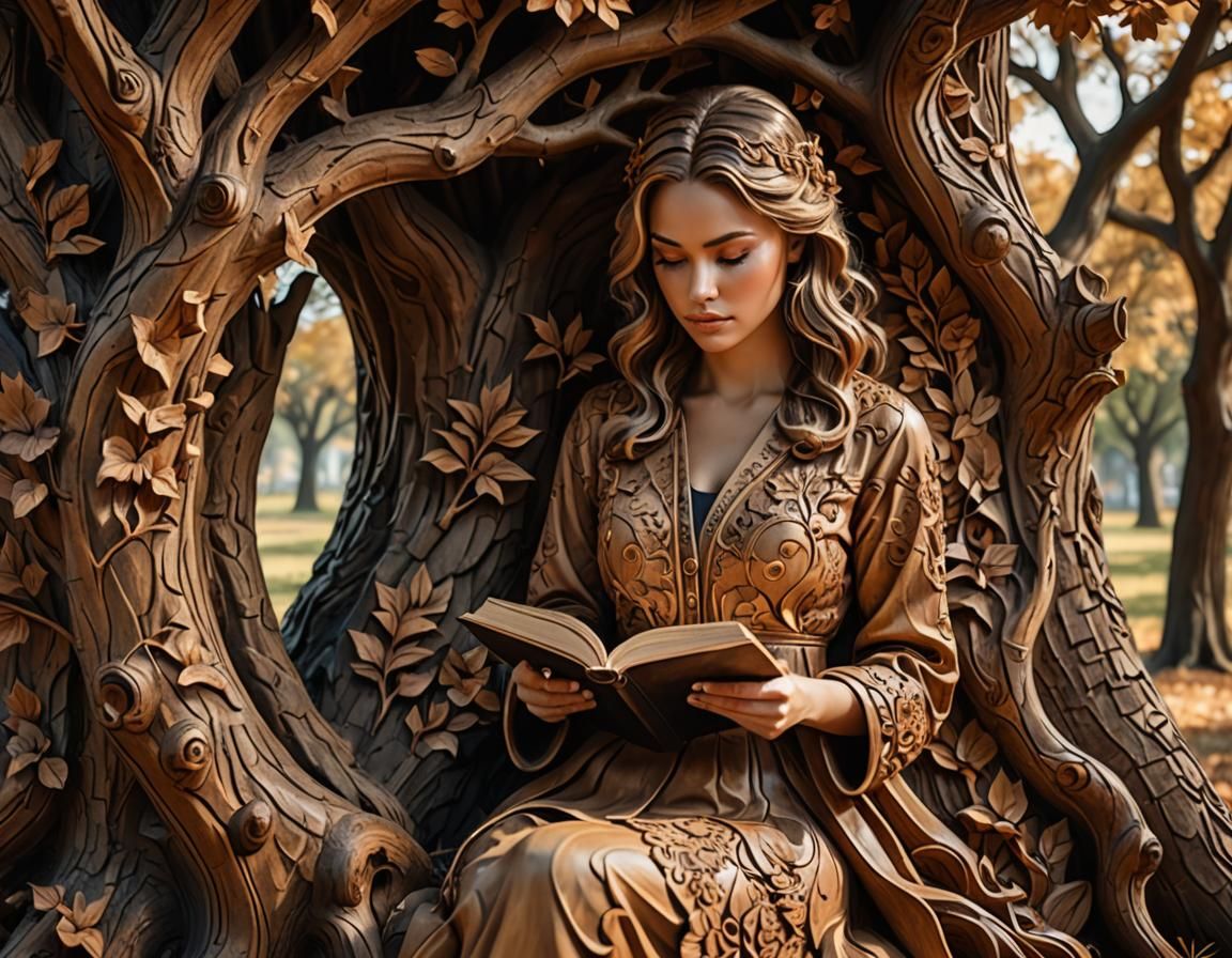 Wood Carving Tree Scene with Woman Reading