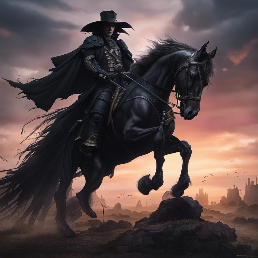Vampire Hunter on Black Horse in Dark Fantasy Style