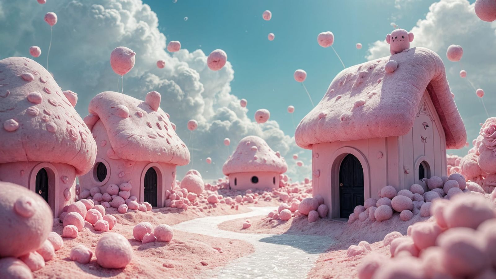 Marshmallowpunk Houses in the Rain of Pink Marshmallows