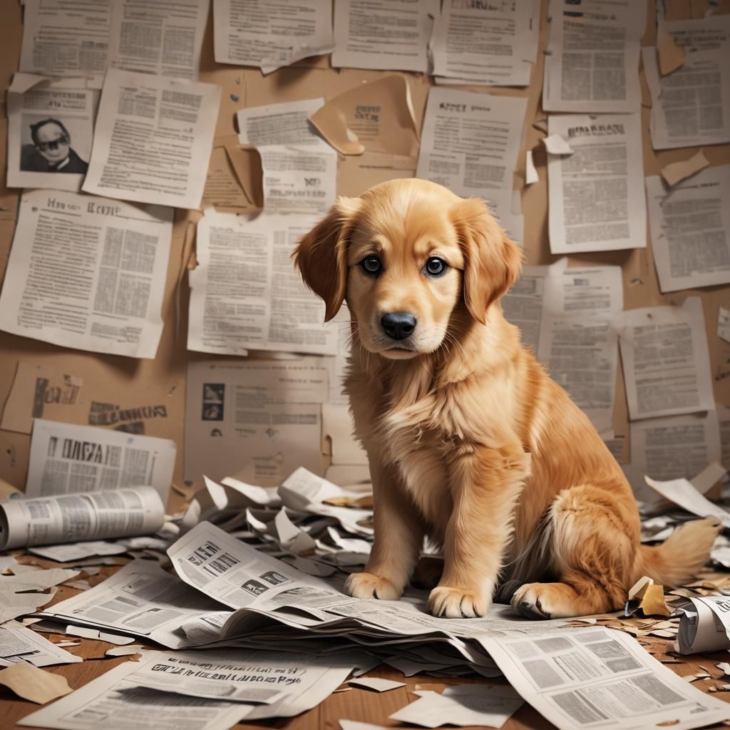Guilty Golden Retriever Puppy with Torn Newspaper