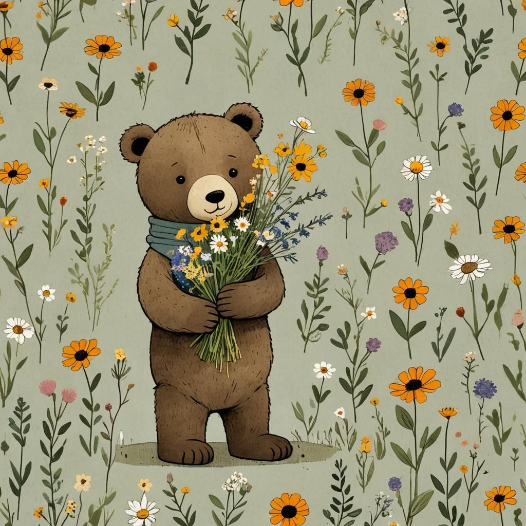 Teddy Bear with Wildflowers: Storybook Illustration