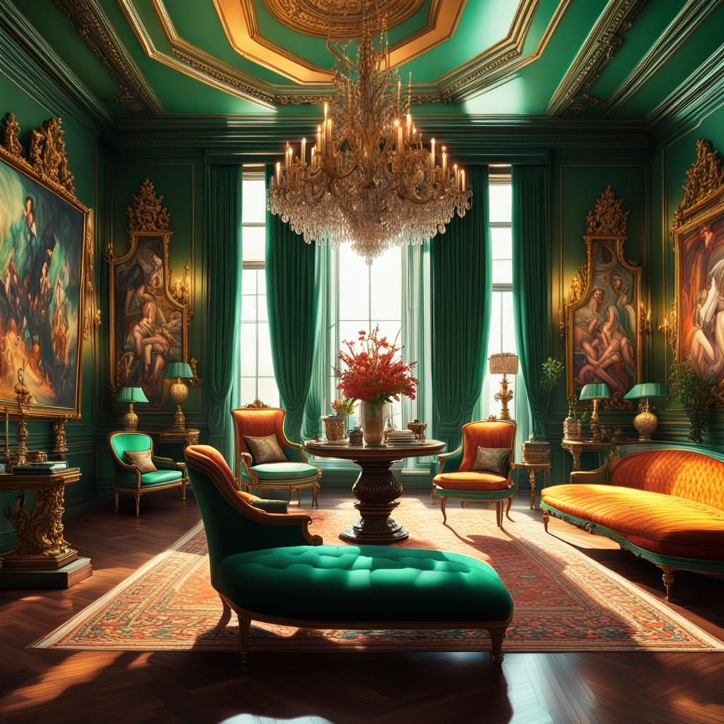 Maximalist Drawing Room with Emerald Lighting