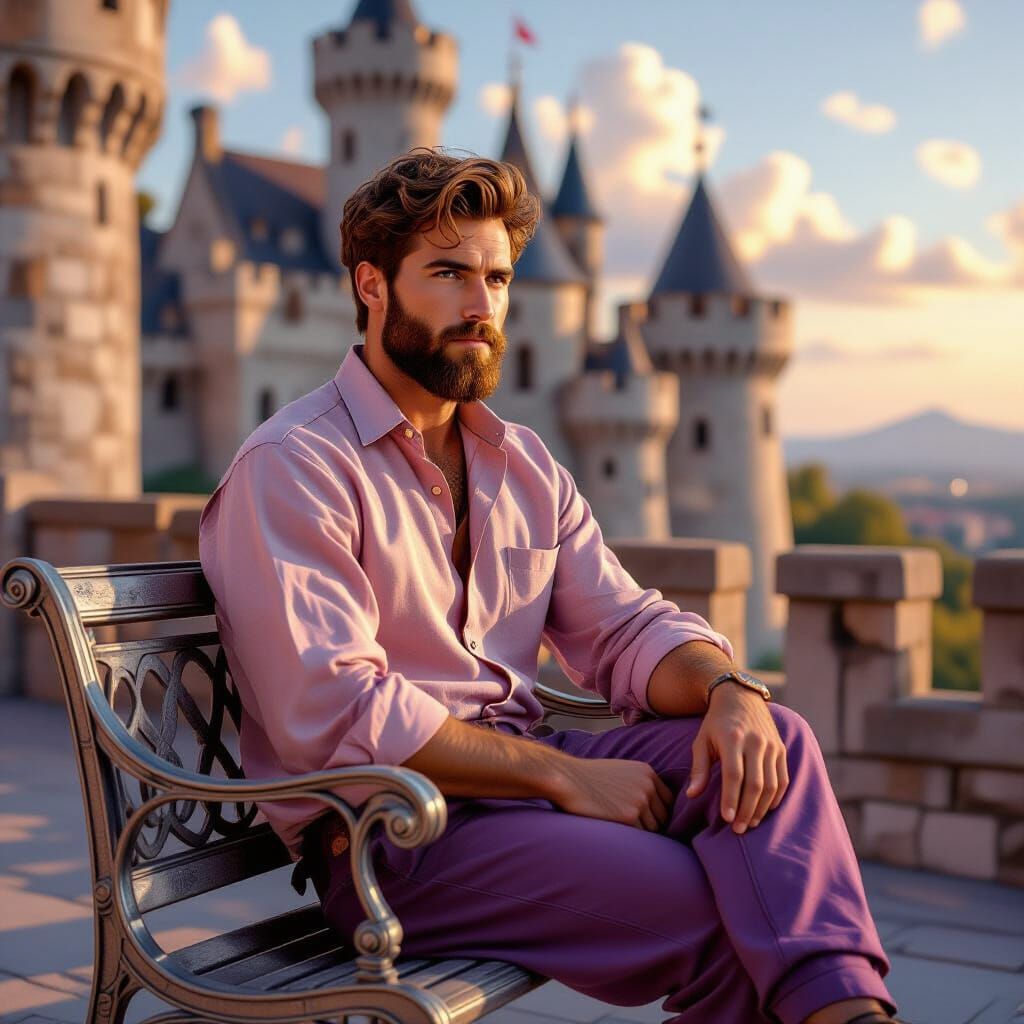 Man in Pink and Violet Linen on Castle Battlement