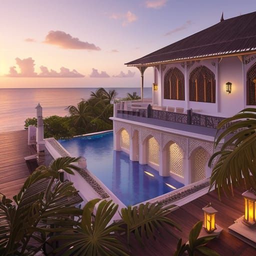 Mosaic Villa at Sunset: Island Architectural Fusion