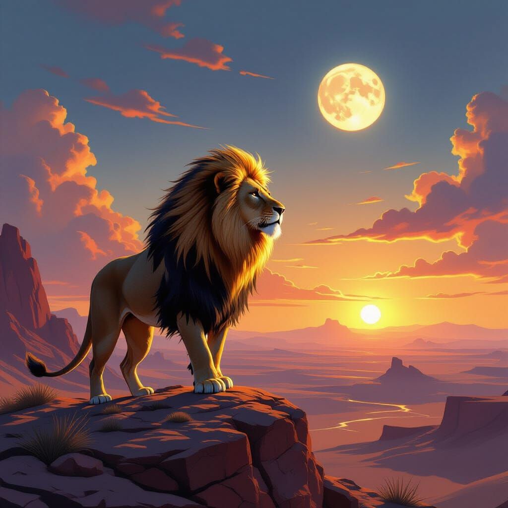 Ethereal Lion Overlooking Alien Desert Landscape