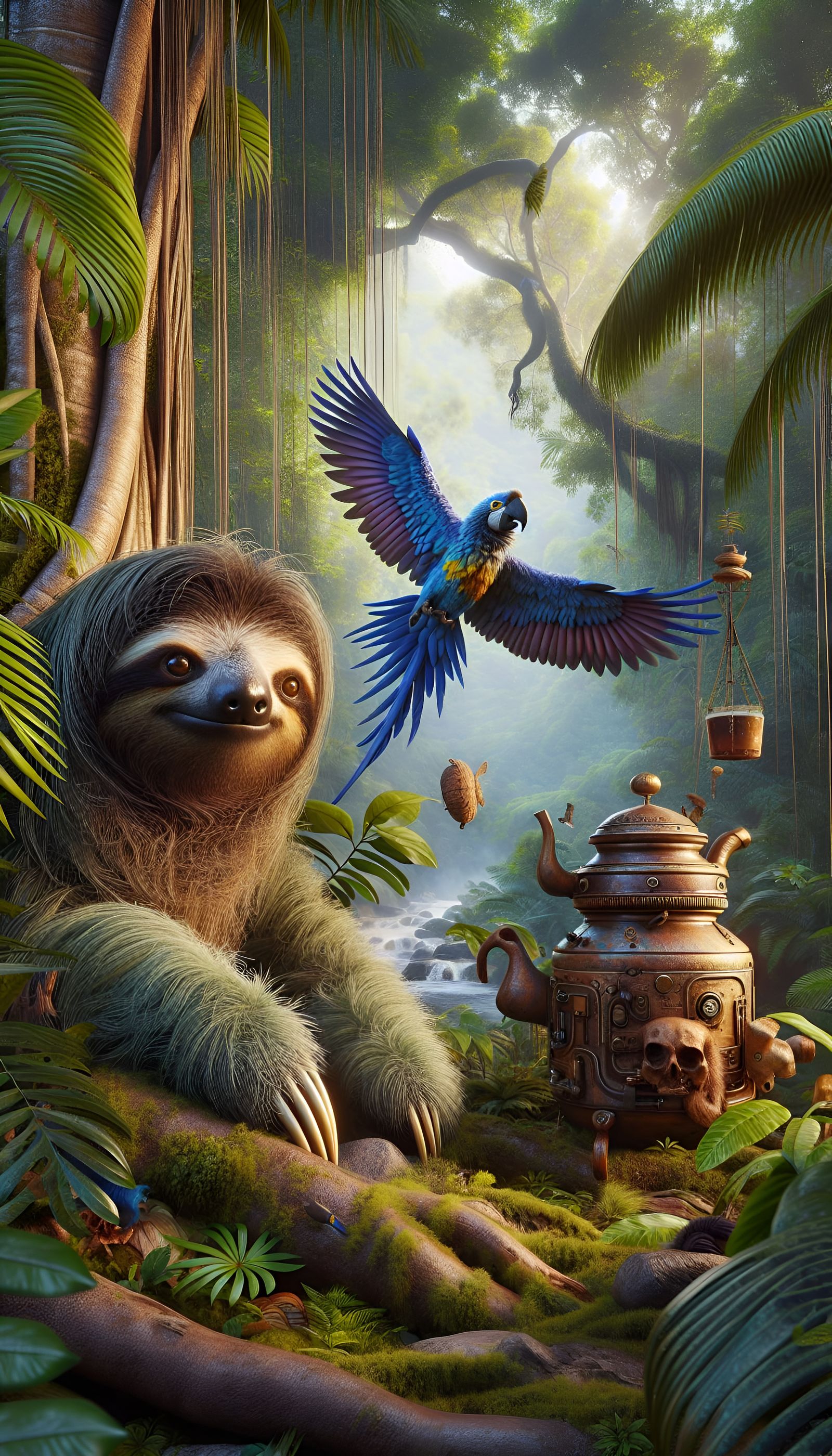Rainforest Sloth and Macaw with Steampunk Teapot