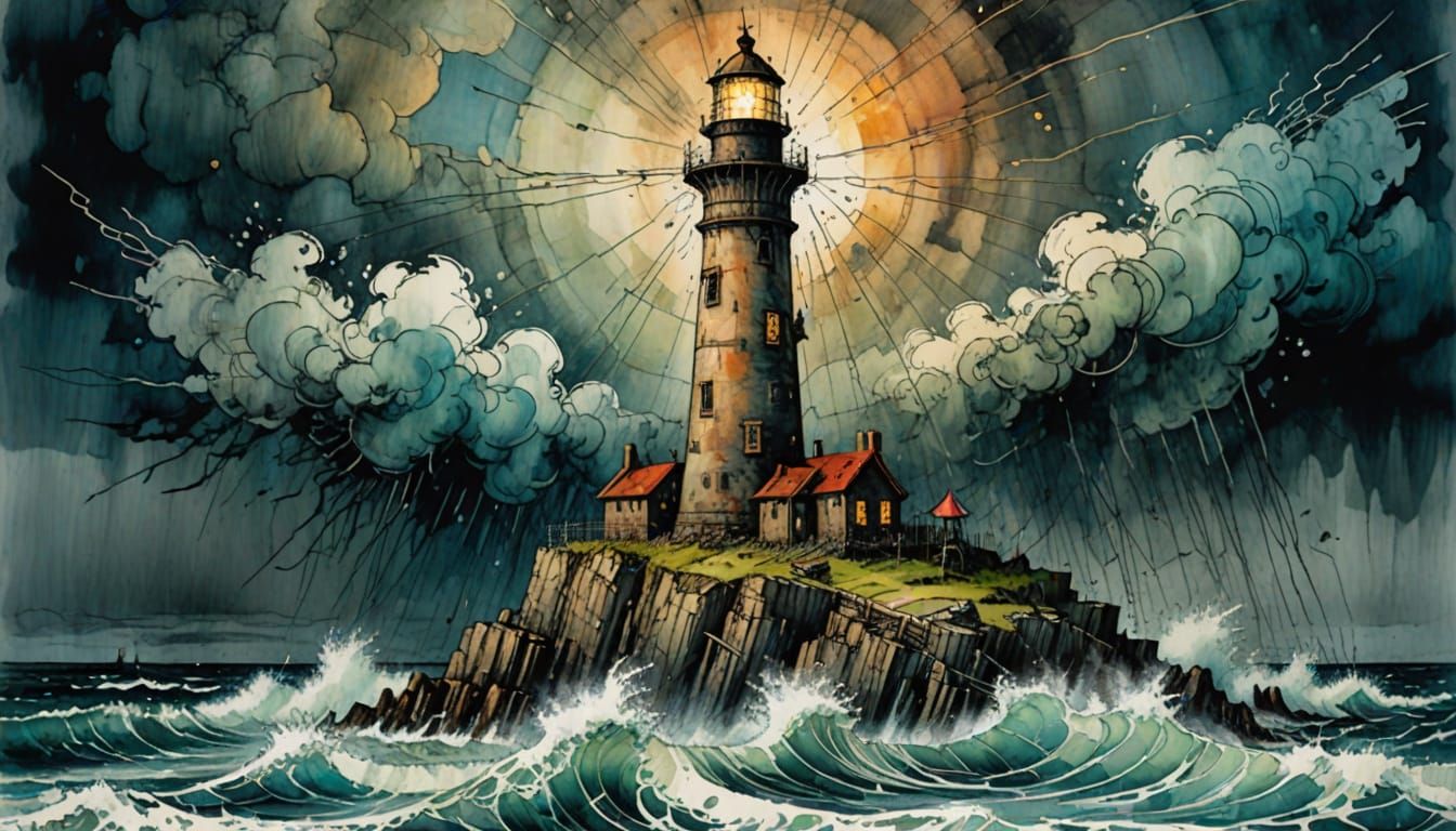 Towering Lighthouse in Whimsical Stormy Weather
