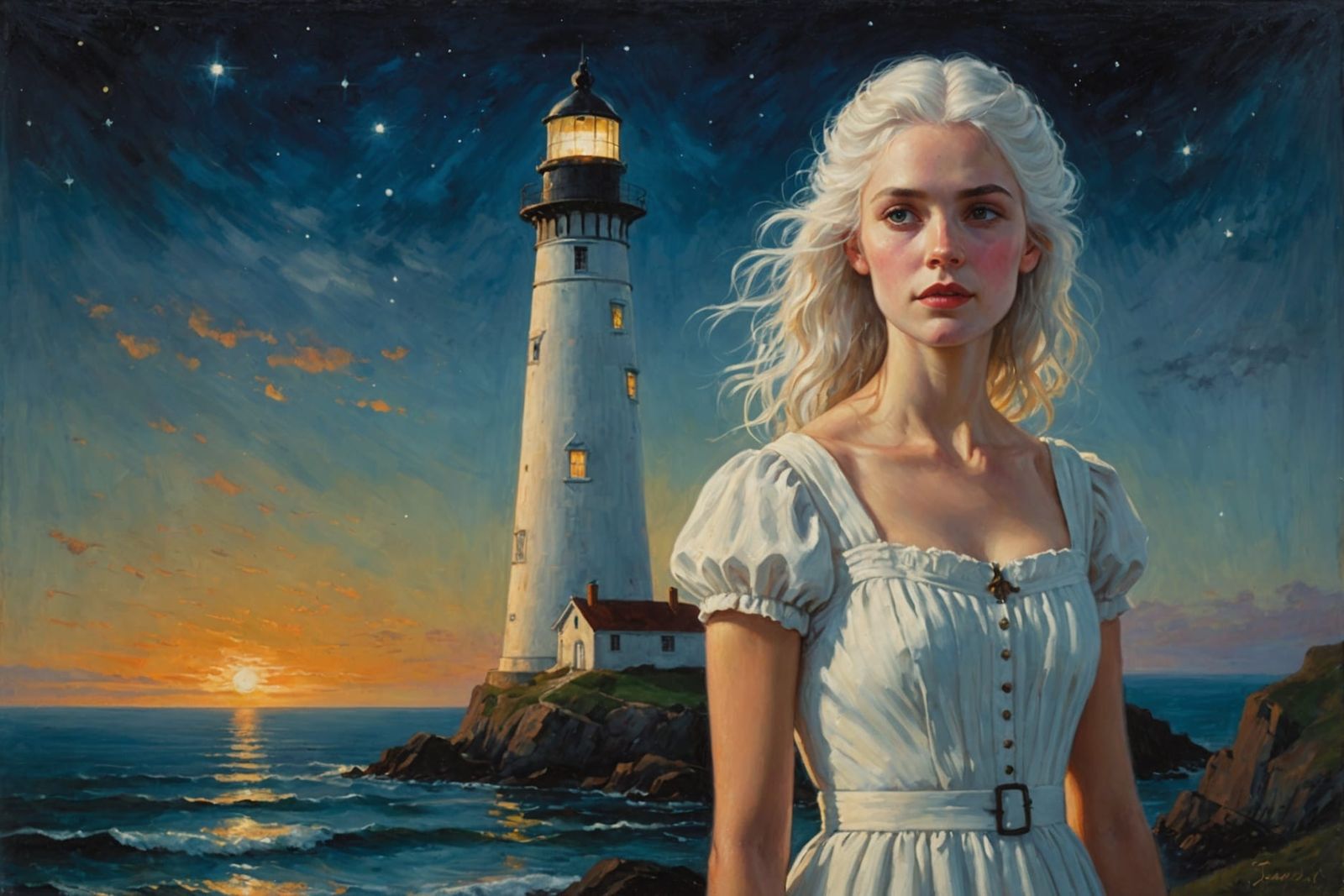 Girl by Sea at Night, Oil Painting