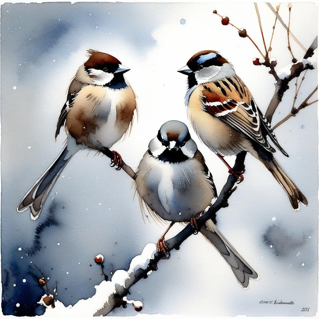 Sparrows Cuddle Together in Winter: Watercolor Ink