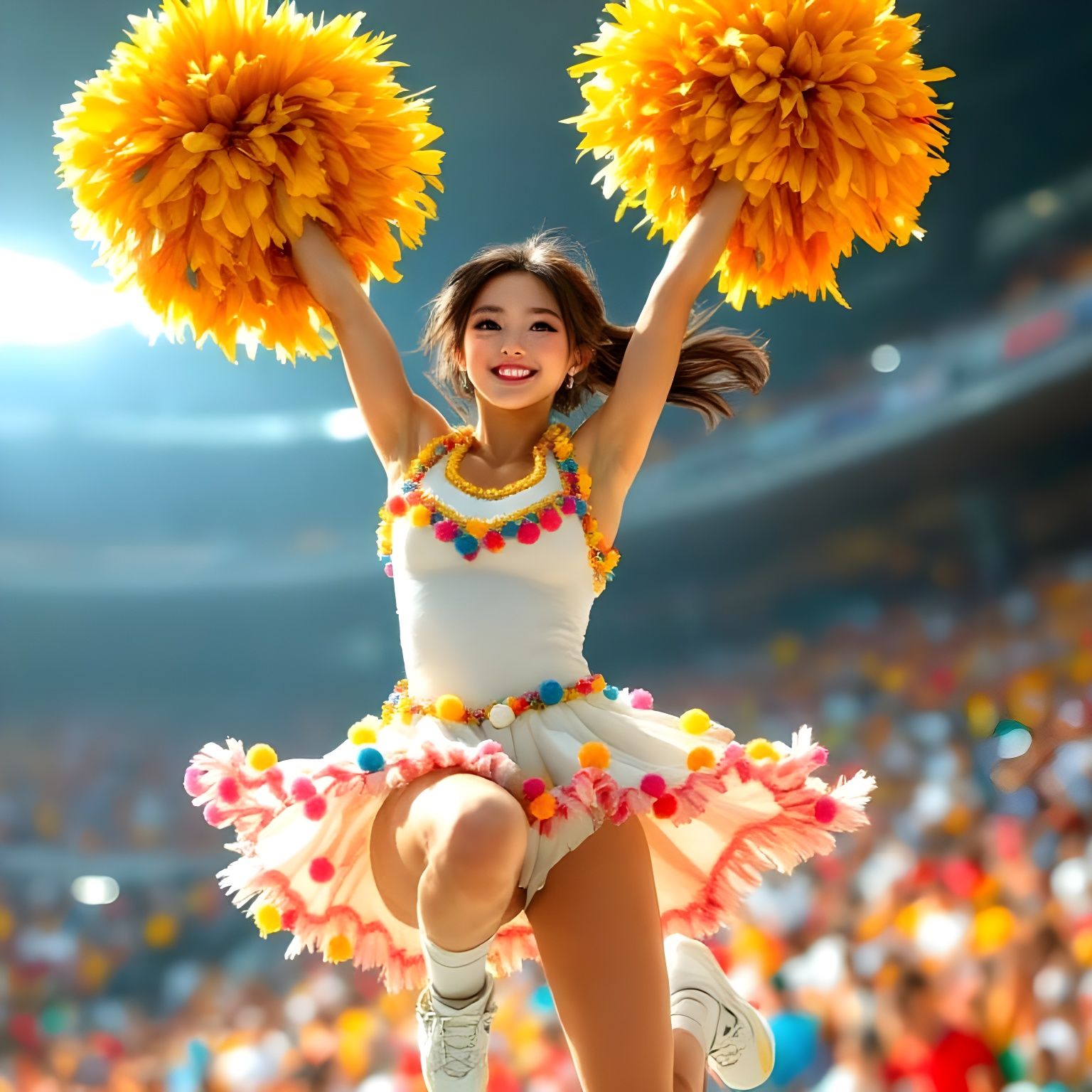 Japanese Cheerleader with Gold Pom Poms in Anime Style