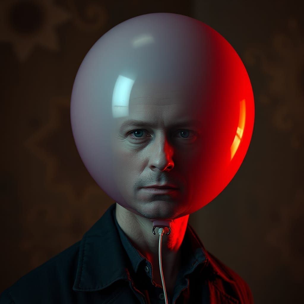 Man with Balloon Head in Hyperrealistic Style