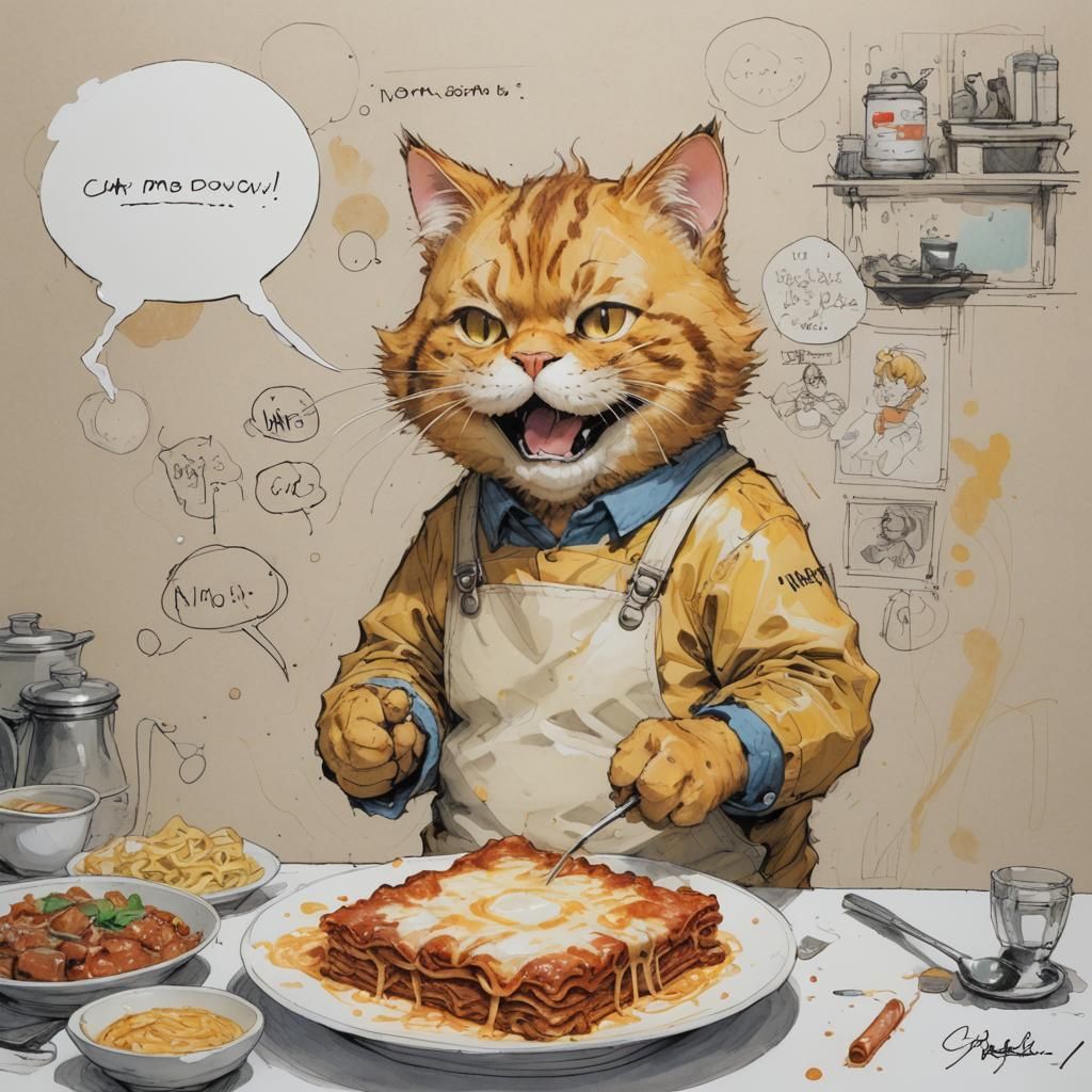 Garfield Eating Lasagna in Manga Style
