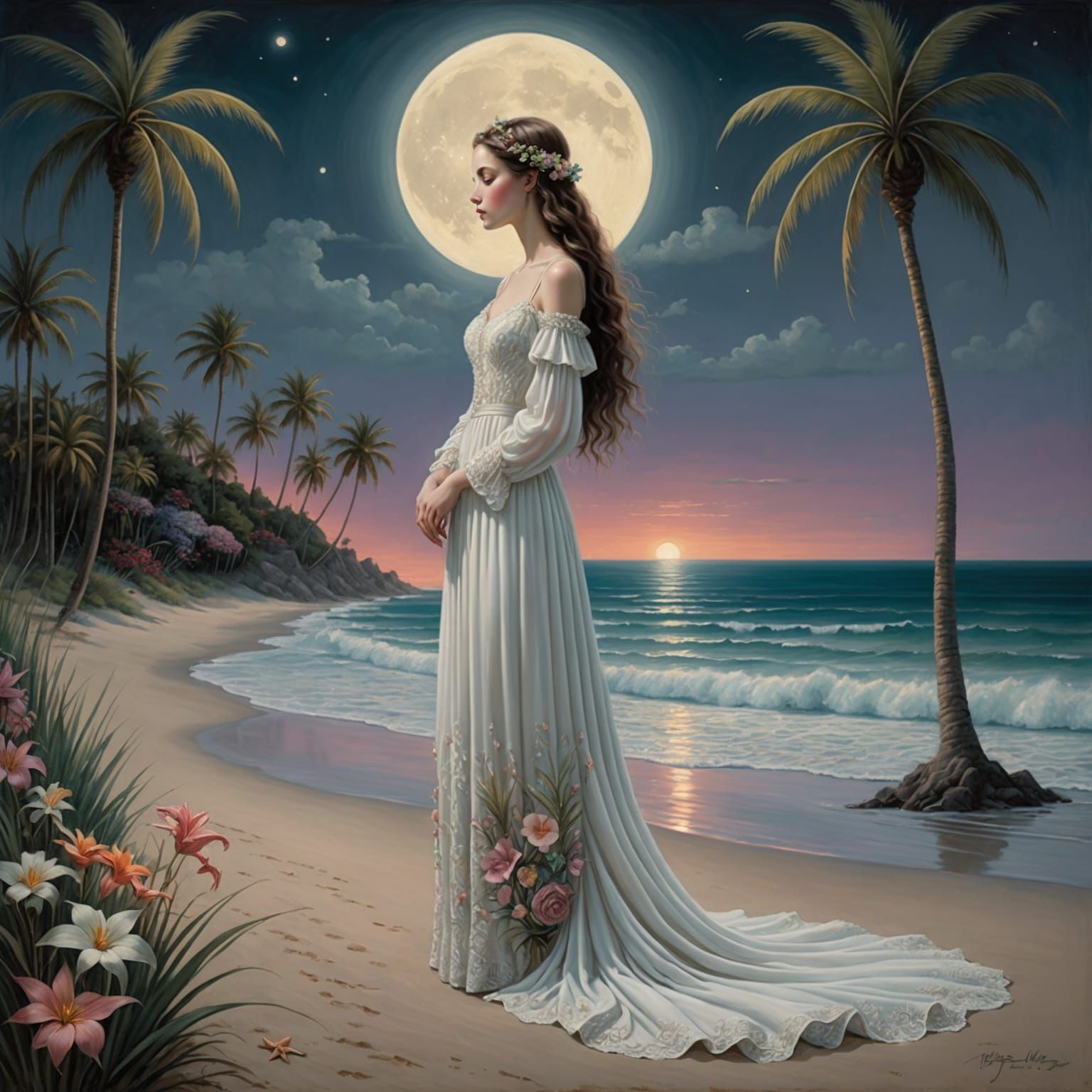 Moonlit Beach Scene in Surrealist Style