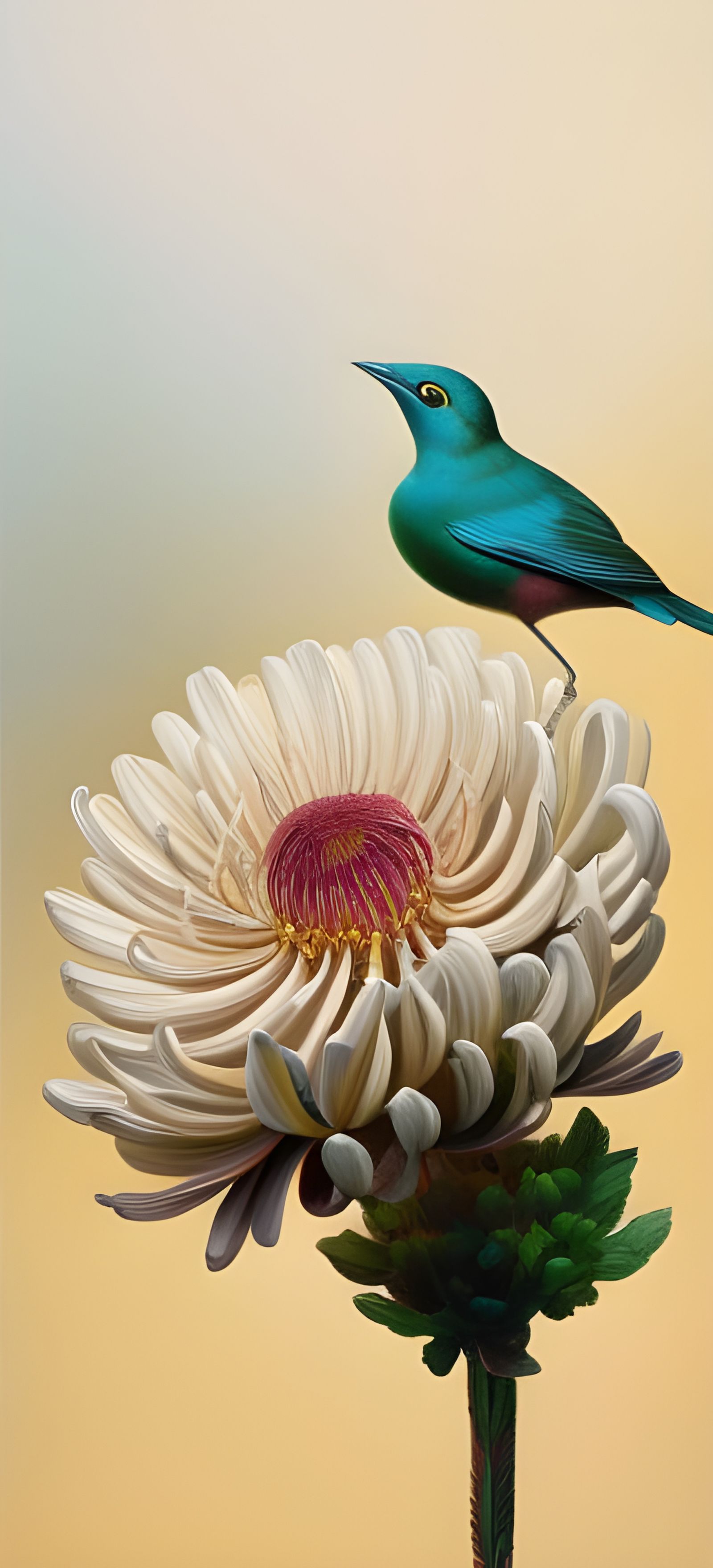Surreal Bird and Chrysanthemum Flower, Detailed Digital Art