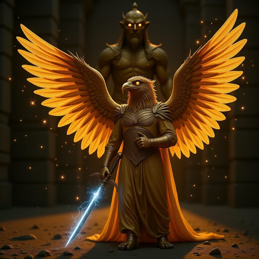 Golden Armored Angel with Swan Wings